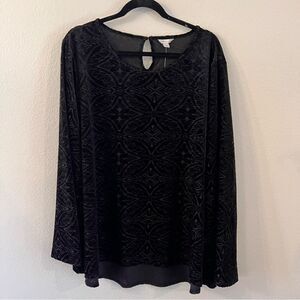 NWT CATO Blouse Size 18/20W Black Velvet Top Bell Sleeve Burn Out Plus Size